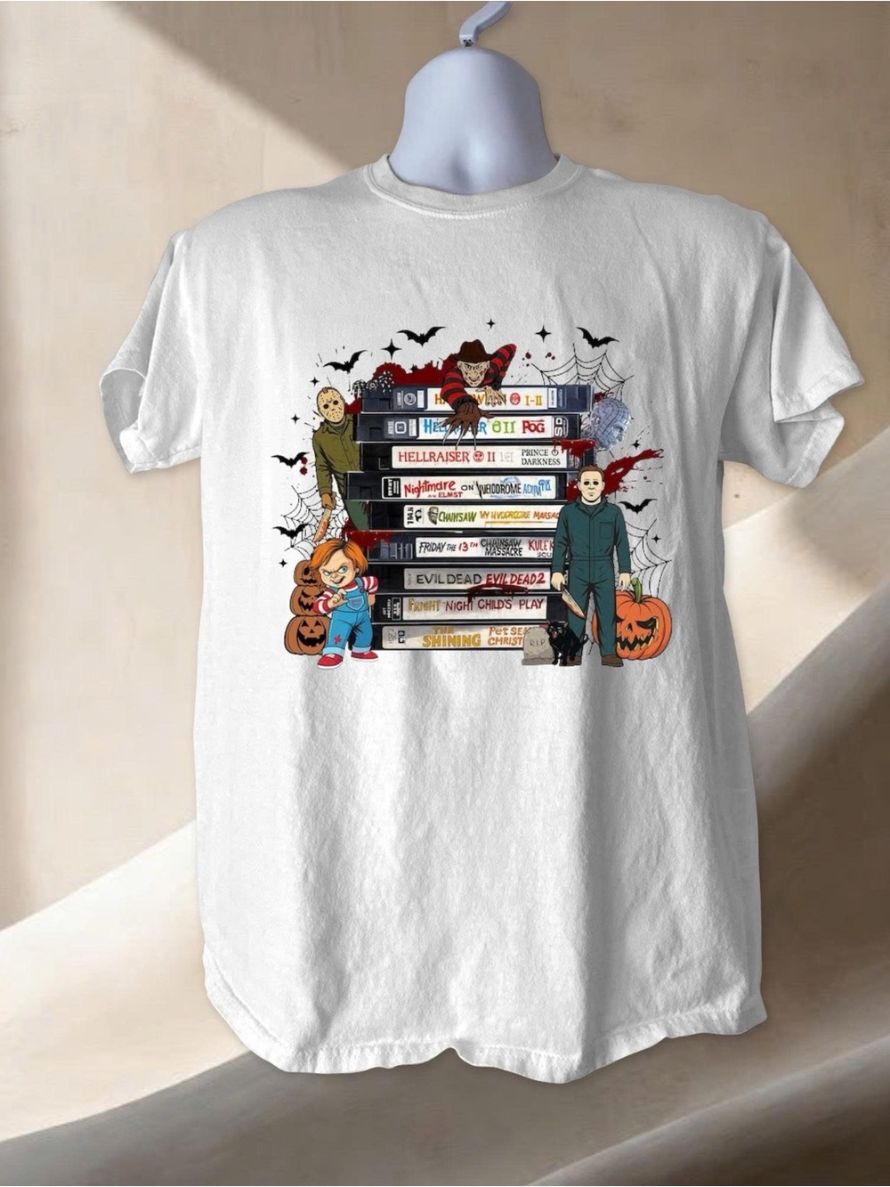 Gildan White Short-Sleeve Tee with Colorful Horror Movie Stack Graphic